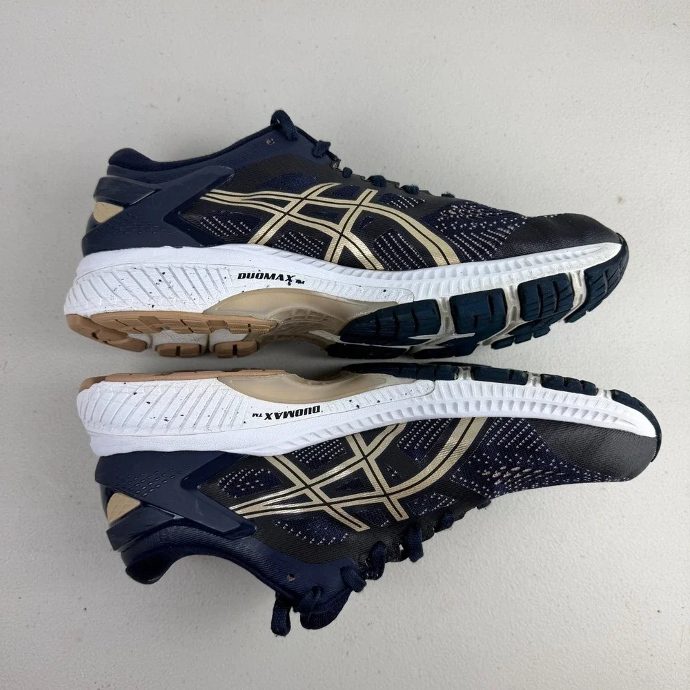 Asics Gel Kayano Womes 26 Navy Blue Gold Running Shoes 1012A459 Sz 10.5